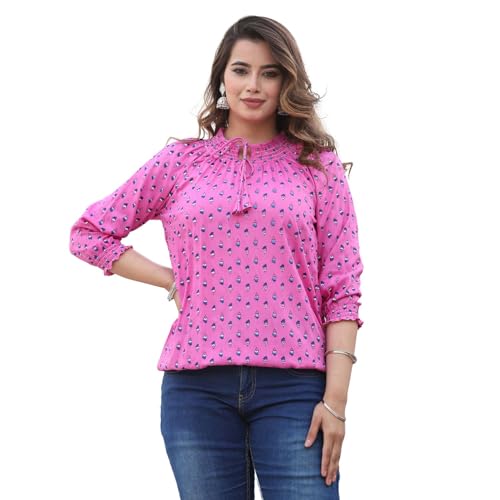 Image of Himanshi Enterprises Women's Traditional Casual 3 /4 Sleeves Mandarin Nack Rayon Floral Printed Short Kurti