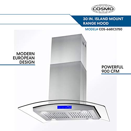 Cosmo COS668ICS750 30in Island Range Hood 900CFM, Ceiling Mount