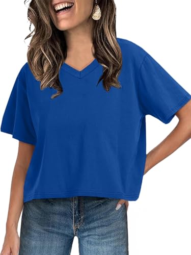UNCLECAT Women Cropped T Shirts Casual Short Sleeve V Neck Crop Tops 2026 Summer Soft Loose Basic Tee Royal Blue