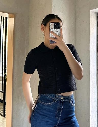 Image of Tanming Womens Cardigan Sweaters Soft Chunky Knit Top Short Sleeve Button Loose Outerwear Sweater