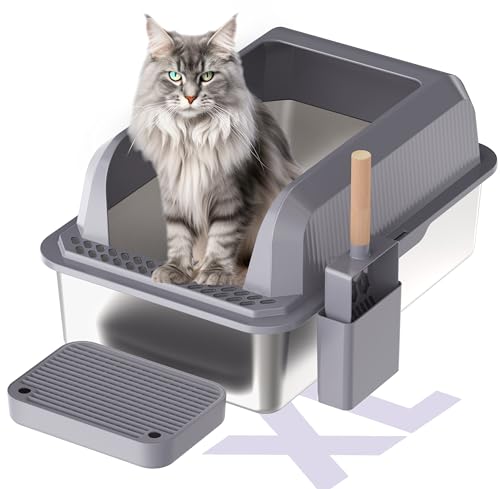Arenero para gato XL de acero inoxidable con tapa y pala miniatura 1