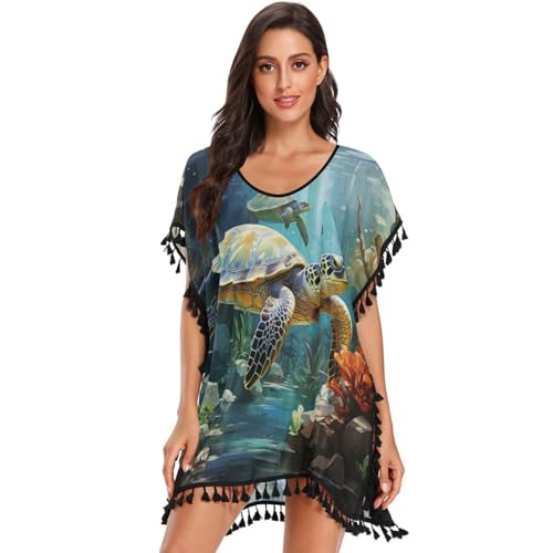 Swimming Sea Turtles Women's Beach Cover Up Chiffon Tassel Swimwear Swimsuit Coverups for Girl