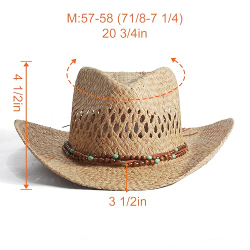 Image of Men's Cowboy Hats Summer Women Beach Cowgirl Hat Raffia Unisex Western Sun Hat