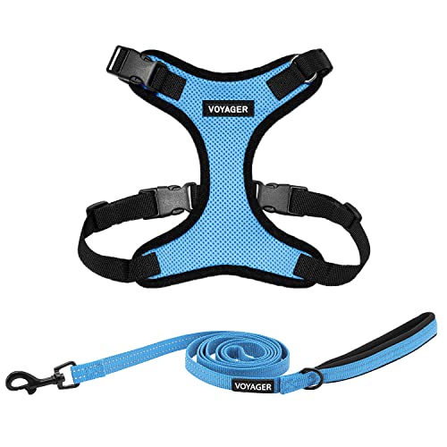 Image of Best Pet Supplies Voyager Step-in Lock Pet Harness w Reflective Pet Leash Combo Set with Neoprene Handle 5ft - Supports Small, Medium and Large Breed Puppies /Cats - Baby Blue /Black Trim, XS
