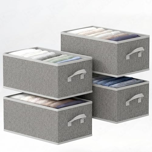 Image of Lukzer 4Pc's Grey Foldable Clothes Organiser Storage Box Stackable Space-Saving Wardrobe Organizer for Storage with Handles & Rust-Free Multipurpose Organizers Basket for Almirah Cupboard Pants Jeans