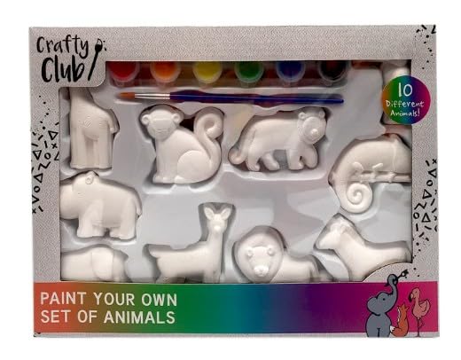 New Paint Your Own Plaster Figures Set with 10 Plaster Figures to Paint with Bright and Colourful Paint Pots Included, Get Creative and Have Some Fun, Perfect for Kids - Animals