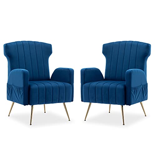 Homefun Wingback Accent Chair Set Of 2,Velvet Upholstered Armchair Single Modern Sofa With Metal Legs For Living Room Bedroom Office Navy #TOP20