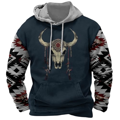 Mens Aztec Cowboy Hoodies Western Vintage Print Graphic Hooded Sweatshirt Ethnic Long Sleeve Drawstring Pullover Tops