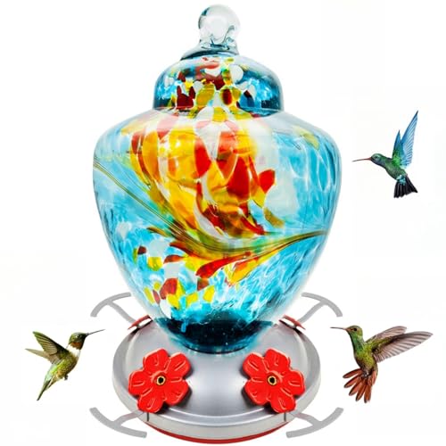 Hummingbird Feeder with Perch - Hand Blown Glass - 38 Fluid Ounces Blue Hummingbird Nectar Capacity Including Hanging Wires and Moat Hook Blue