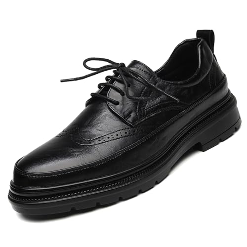 Men's Leather Platform Wingtip Business Oxfords Fashion Round Toe Lace Up Low Top Brogue Dress Shoes Hand Stitched Formal Derby Shoes