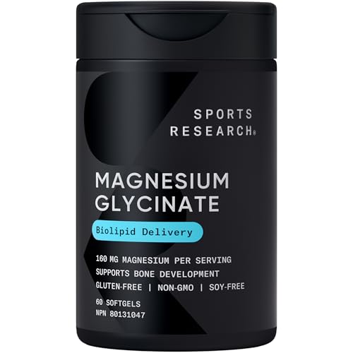 Sports Research® Magnesium Glycinate – Supports Restful Sleep & Enzymatic Processes – 160 mg Chelated Magnesium – Liquid Softgel – 60 count