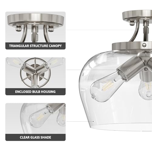 VONLUCE Semi Flush Mount Ceiling Light, 13.8" Ceiling Light Fixture with Clear Glass Shade, E26 Base, 3-Bulb Industrial Lighting Fixture for Hallway Entryway Bedroom, Brushed Nickel, ETL Certificated by VONLUCE - Image 3