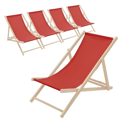 ECD Germany Lot de 5 Chaises Longues Pliantes en Bois Chiliennes, Rouge, Dossier Réglable, 3 Positions de Couchage, jusqu'à 120kg, Bain de Soleil en Tissu...