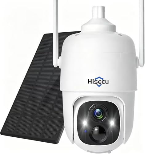 Hiseeu 2K Caméra Surveillance WiFi Exterieure sans Fil Solaire, 2,4G WiFi PTZ Camera IP Solaire Exterieur avec Batterie Détection Humaine AI Vision Nocturne...