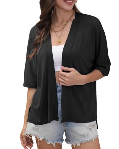 Women\'s Kimono-Style Short-Sleeve Cardigan Lightweight Summer Outerwear Light and Loose Fit Black S