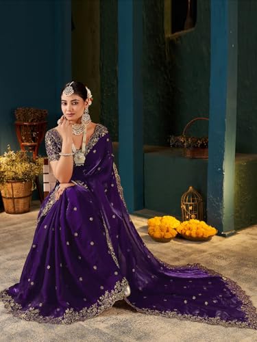 Image of SIRIL Women's Tissue Silk Sequence Embroidery Saree with Unstitched Blouse Piece