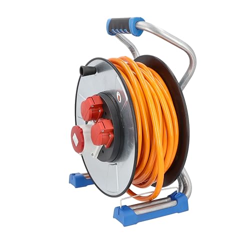 as - Schwabe Xperts K35 metalowy bęben kablowy 400 V – 30 m przedłużacz z 2 stykami ochronnymi i 1 gniazdem CEE – IP44 – Made in Germany – srebrny I 23993