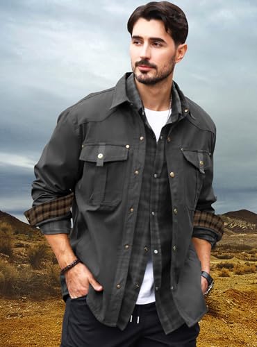 HYPESTFIT Men's Flannel Lined Shacket Jacket Plaid Brushed Lining Cowboy Western Twill Outdoor Shirt Jacket2