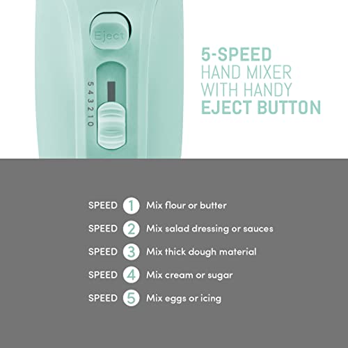 Elite Gourmet EHM003M Batteur à main électrique 5 vitesses, très puissant, avec 2 grands fouets en acier inoxydable, pour préparations lisses et onctueuses, rangement pratique, bleu menthe – Image 5