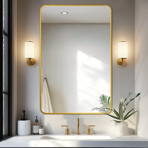 Image of Delma Bathroom Vanity Mirror, Gold Framed Mirror for Over Sink, 36x24 | HD glass, distortion-free for makeup and grooming, Sturdy frame, all mounting hardware, hangs horizontal or vertical