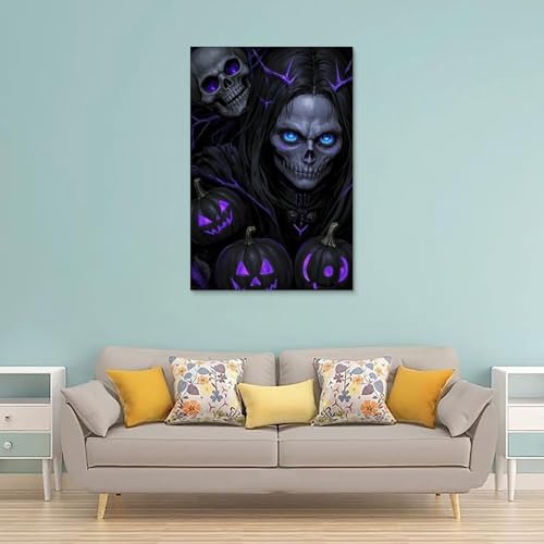 XMHMYHZJ Halloween-Poster mit lila gruseligen Kürbissen und einem Totenkopf mit blauen Augen, Wandkunst, Wandbild, moderne Dekoration, hängendes Kunstposter, 20 x 30 cm