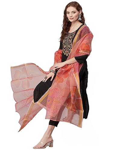Image of GoSriKi Women's Cotton Blend Straight Embroidered Kurta with Pant & Dupatta