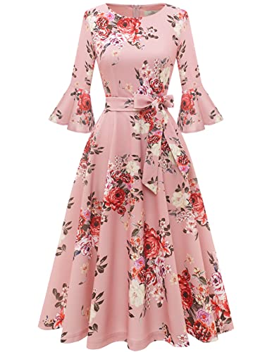 HomRain Women's Elegant Bell Sleeve Cocktail Tea Party Dresses for Wedding Guest Modest Church Vintage Evening Dress Blush Flower L
