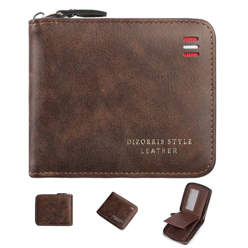 FULLBELL Vintage Leather Wallet for Men - 9 Card Slots & 2 ID Windows | Durable Stitching Zipper Design | Large Capacity Travel Wallet with Gift Box (Coffee) | Father’s Day Gifts.