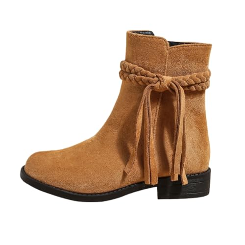 Girls Low Heel Side Zipper Ankle Boots Tassel Bowknot Rivet Chelsea Booties
