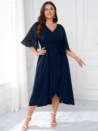Plus Size Formal Wedding Guest Cocktail Dress for Curvy Women Flutter Sleeve Faux Wrap V Neck Midi Dresses2