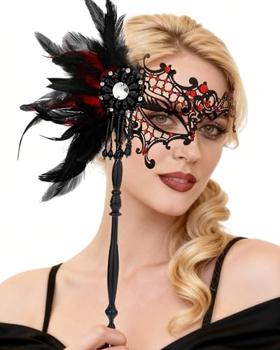 Zinniday Masquerade Mask with Stick Black Red 2026 Elegant Venetian Antique Metal Masks with Detachable Feather Carnival Decorations for Women Men Renaissance Halloween Costume Cosplay Prom Party