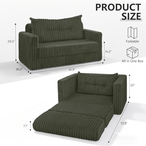 Image of HABUTWAY 41.3 inch Loveseat Boneless Couch, 4-in-1 Convertible Sofa Bed, Plush Fur Folding Futon Sofa Bed Couches with a Pillow for Living Room, High-Density Foam Support, No Assembly Required, Green