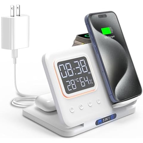 Foldable Travel 3 in 1 Wireless Charging Station for Multiple Devices Apple with Clock, Fast Wireless Charger Stand for iPhone 16 15 14 Pro Max 13 12/ Watch10 9 8 7 6 5 4 Se/Airpods 3 2 Pro Cover
