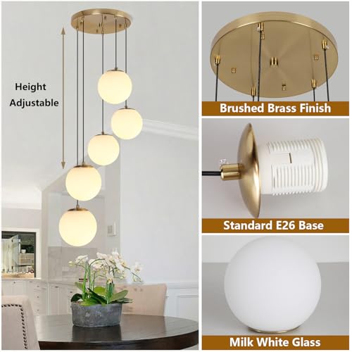 Image of Mid Century Globe Chandelier, 5-Light Brushed Gold Pendant with Milk White Glass, Modern Cluster Lighting for Staircase Kitchen Island Dining Room