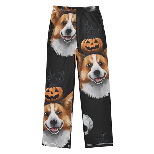Corgi Dog Pumpkin Skull Boys Long Pants Soft Trousers Elastic Waist Kids Lounge Bottoms with Pockets S-XL