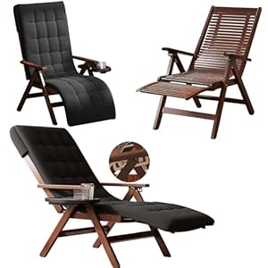ZZV Chaise Lounge Chair Outdoor with Mattress, Bamboo Patio Lounge Chair with Solid Wood Base, 6 Adjustable Positions, Retractable Footrest and Cup Holder Tray, Folding Patio Recliner Chair, Walnut