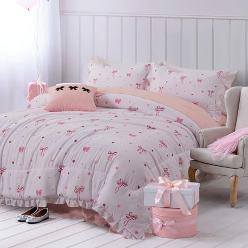 Image of A Nice Night Polka Dot Bow Comforter Set,6 Piece Bed in a Bag Chic Bowknot Bedding Sets,Princess Style,White Room Decor for Girls,Full