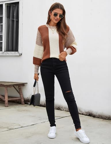 Image of Libsorge Womens Cute Color Block Waffle Ribbed Knit Lightweight Sweater Fall Winter 2024 Spring 2025 Trendy Ladies Dressy Casual Soft Cozy Crewneck Long Sleeve Thin Pullover Top Coffee Brown S