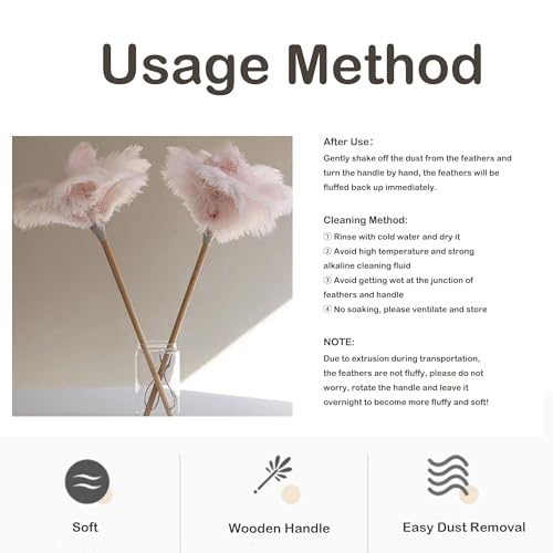 Image of Ostrich Feather Dusters, Naturally Soft, Easy to Dust, Multi-Purpose Use, Solid Wood Handle, 17.3'' Long, Pink