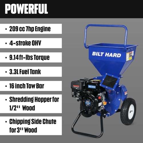 Image of BILT HARD 3 Inch Wood Chipper, 7HP 209cc Gas Powered Shredder & Mulcher