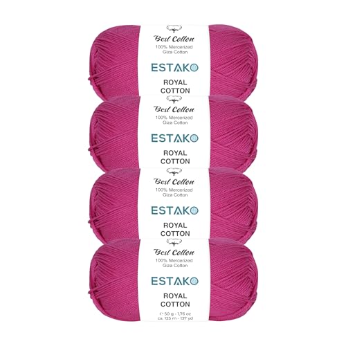 Image of Estako Royal Cotton, (4 Skeins Pack) 100% Mercerized Giza Cotton Yarn, Soft, Super Fino for Crochet and Knitting (4 x 1.76 Oz) / (4 x 137 Yrds) (5069 - Fuchsia)