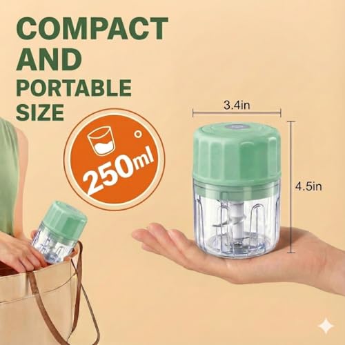 Electric Garlic Chopper, 250ML Portable Cordless Mini Food Processor, USB Rechargeable Vegetable Chopper Blender for Nuts Chili Onion Minced Meat Baby Food and Spices, BPA-Free (Green) by ELEGANT AURA - Image 2