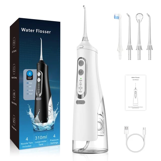 Water Flosser with 4 Nozzle Tips, 310ml Water Tank, 4 Settings