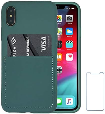 Ultra Slim Liquid Silicone Case Compatible for iPhone Xs/X 10(5.8 inch) with Card Holder Slot Ultra-Slim Thin Soft Wallet Cover Compatible for iPhone XS/X/10 with Screen Protector(Pine Green)