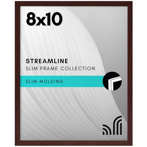 Americanflat 8x10 Picture Frame with Shatter-Resistant Glass - Streamline Collection - Thin Border Picture Frame for Tabletop and Wall Display - Hanging Hardware and Easel Stand Included - Mahogany