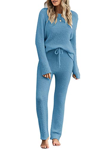 luvamia Women's Casual Solid Color Pajama Sets Long Sleeve Tops and Pants Long PJ Sets Joggers Loungewear Sleepwear Nightwear Blue Medium