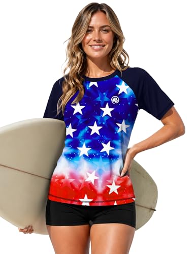 Image of AOBUTE Women Short Sleeve Rash Guard Gradient Sun Protection Swim Shirts