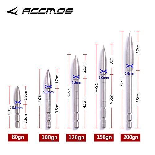 Accmos 12Pc 80 100 120 150 200 Grain Stainless Steel Arrow Head Arrowhead Bullet Point Glue-In For Id 4.2Mm .165" Carbon Arrow Shafts Diy Archery Accessory #TOP2