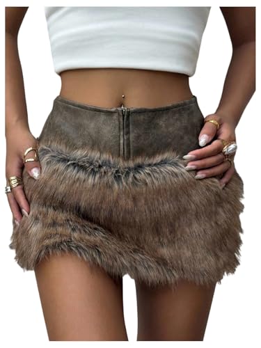 SHENHE Womens Faux Fur Skirt Y2k Low Rise PU Leather Concert Rave Furry Fuzzy Micro Mini Skirt Brown Small