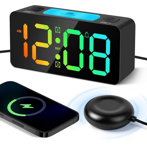 Philorn Loud Alarm Clock with Bed Shaker for Heavy Sleepers RGB Led Display Dual Alarm 4 Dimmers 5 Volumes Snooze Night Light 12/24H Power-Off Memory Loud Alarm Clock for Deaf People (Black)